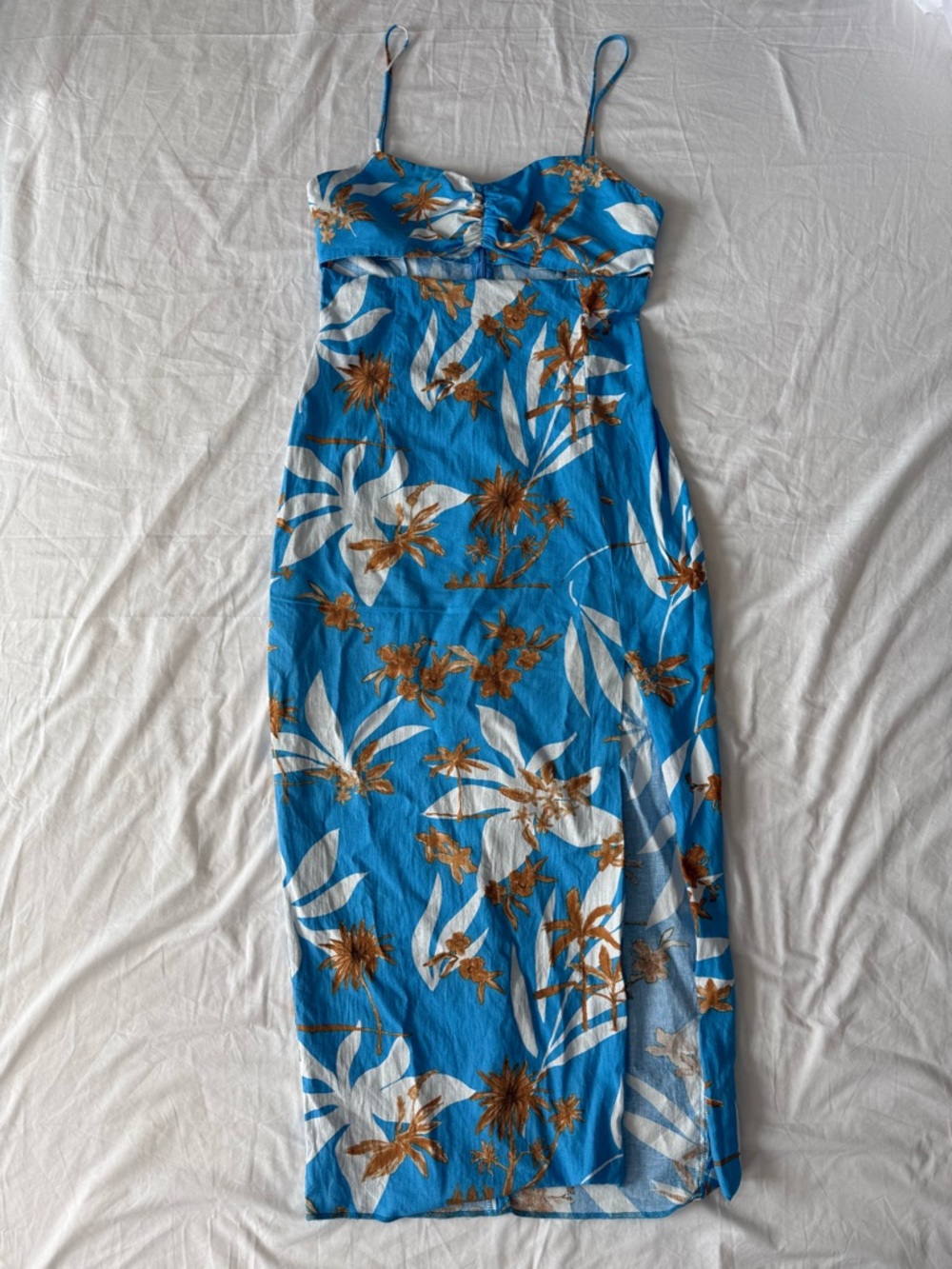 Zara Blue Floral Midi Dress with White and Brown Accents